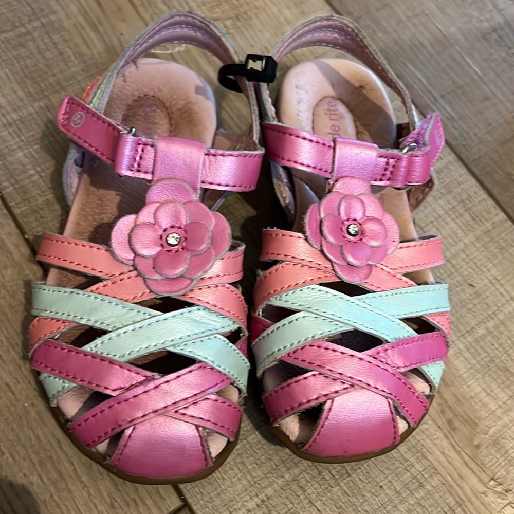 Girls stride, right sandals with pink green and orange coloring Velcro closure